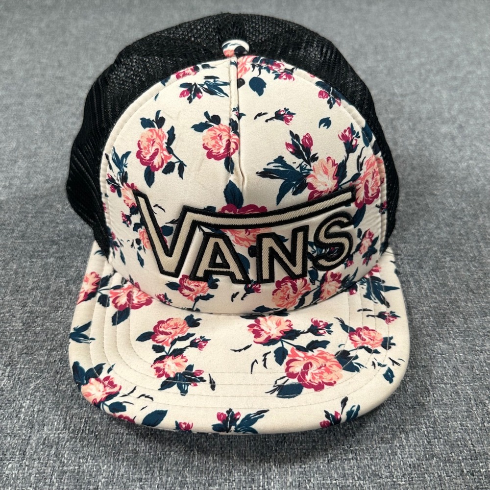 Vans Floral Trucker Hat Rose Print Black Mesh Snapback Flat Brim Skater Cap OSFM